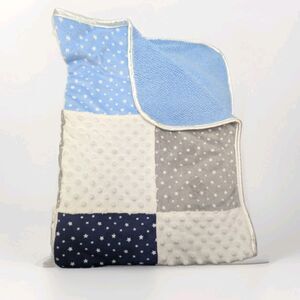 Just Born Baby Blanket Patchwork Blue White Stars Minky Dot Sherpa Satin Trim